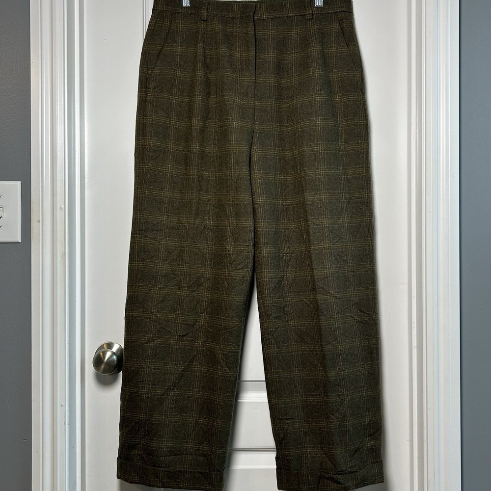 Willi Smith Petite Vintage‎ 90s Wool Blend Olive Green Windowpane Plaid Trousers